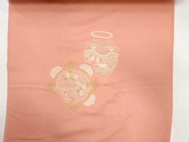  アンティーク　壺に鏡裏模様刺繍　訪問着洗い張り